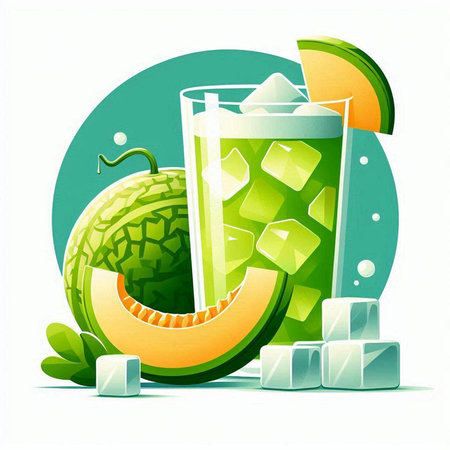 Glass of melon juice with ice cubes and melon slices. Vector illustration.のイラスト素材
