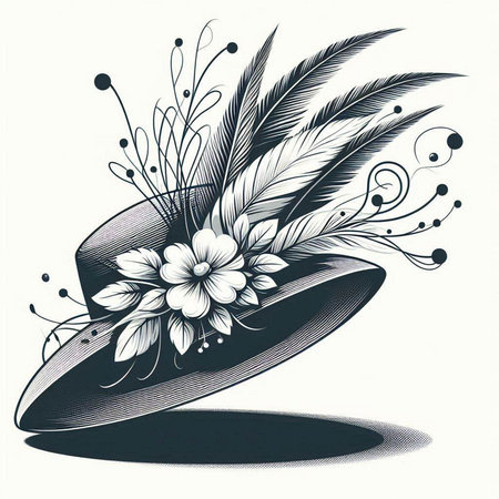 Vintage hat with feathers and flowers. Vector illustration. Hand drawn.のイラスト素材