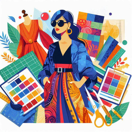 Illustration of fashion woman with shopping bags and accessories. Vector illustration.のイラスト素材