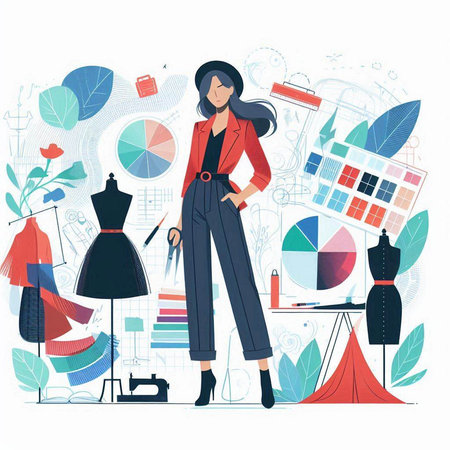 Fashion designer woman working in her studio. Vector illustration in flat styleのイラスト素材