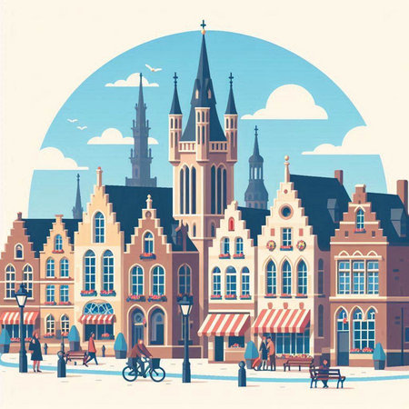 Bruges, Belgium. Vector illustration. Vintage style. Travel postcard.のイラスト素材
