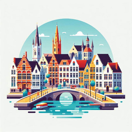 Bruges, Belgium. Colorful vector illustration in flat styleのイラスト素材