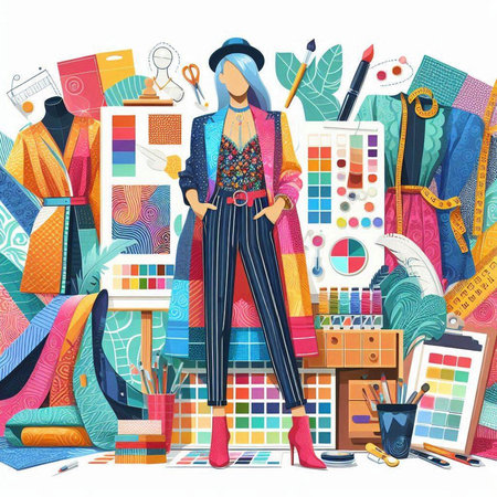 Fashion designer girl working in her studio. Vector illustration for your designのイラスト素材
