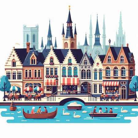 Bruges, Belgium. Colorful vector illustration in cartoon styleのイラスト素材