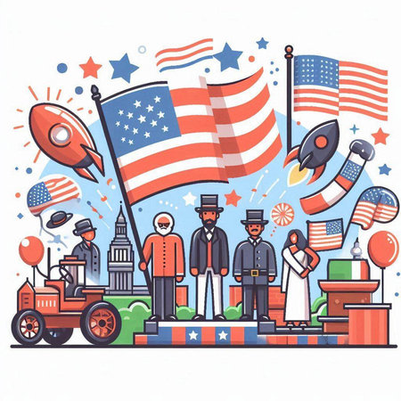 Patriotic vector illustration. People celebrating 4th of July.のイラスト素材