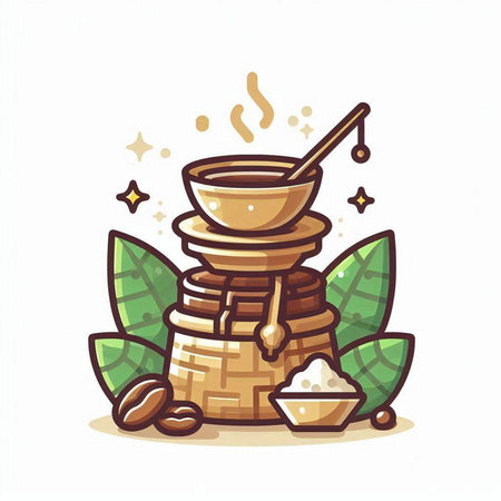 Coffee pot with honey and green leaves. Vector illustration.のイラスト素材