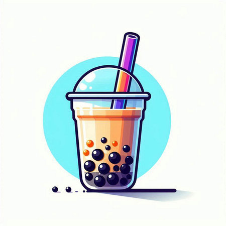 Vector illustration of bubble tea in plastic cup with straw and blue circle background.のイラスト素材