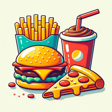 Fast food vector illustration. Hamburger, french fries, cola and pizza.のイラスト素材