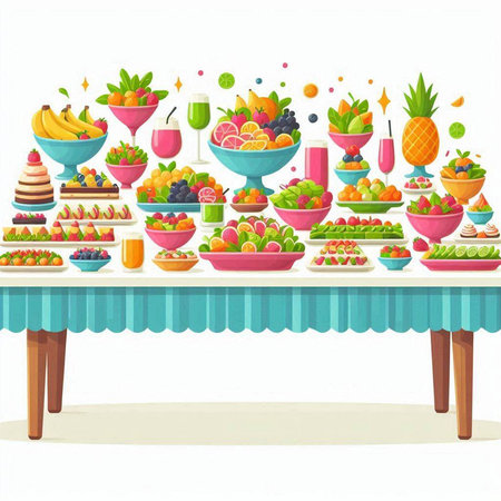 Fruit table with a lot of fresh fruit. Vector illustration.のイラスト素材