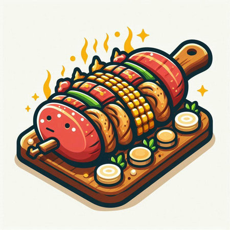 Illustration of grilled sausages on a wooden cutting board.のイラスト素材
