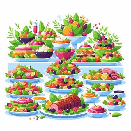 Healthy breakfast table with fresh fruits and vegetables. Vector illustration.のイラスト素材
