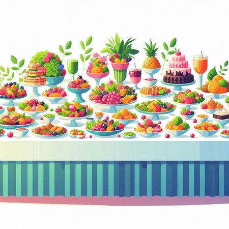 Fruit table with lots of different fruits and berries. Vector illustration.のイラスト素材