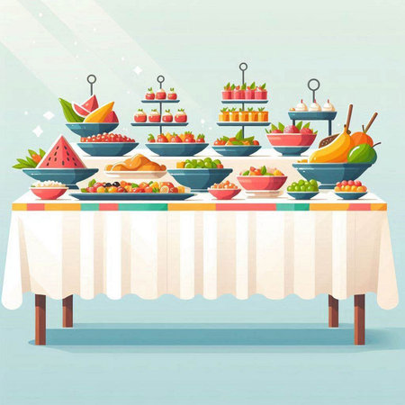 Vector illustration of a table full of fruits and vegetables in a restaurantのイラスト素材