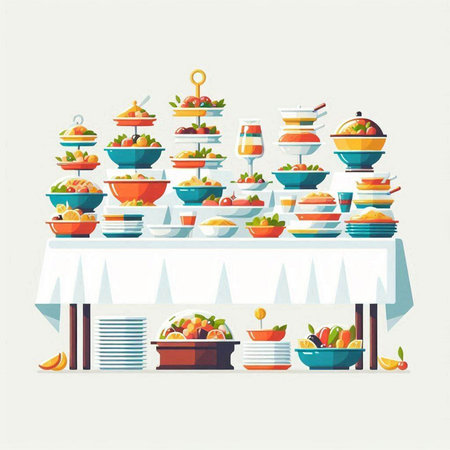 Catering buffet with food. Vector illustration in flat style.のイラスト素材