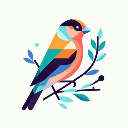 Bullfinch bird on branch with leaves. Vector illustration in flat style.のイラスト素材