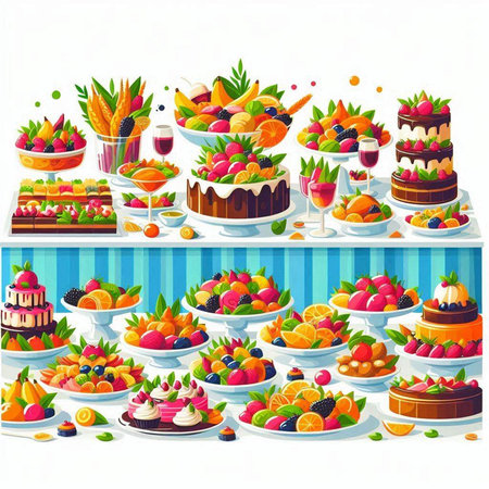 Vector set of different fruit desserts and cakes on a white background.のイラスト素材