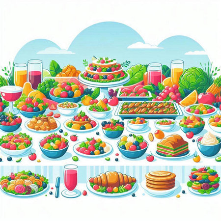 Fruit and vegetables on table. Vector illustration in cartoon style.のイラスト素材