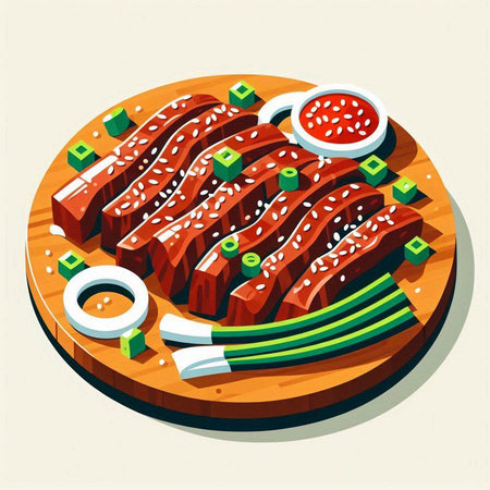 Illustration of grilled pork ribs on wooden cutting board with vegetables and sauceのイラスト素材