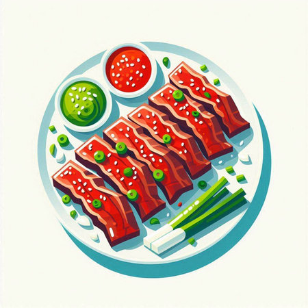 Illustration of a plate of fresh raw beef sliced on a white backgroundのイラスト素材