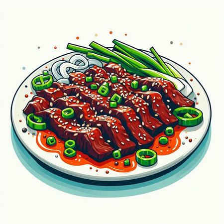 Illustration of a plate of beef with green onions and sesame seedsのイラスト素材
