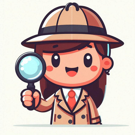 Cute detective girl with magnifying glass. Vector cartoon illustration.のイラスト素材