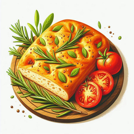 Illustration of a piece of bread with tomato, rosemary and spicesのイラスト素材