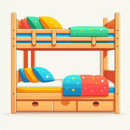Wooden bunk bed with colorful pillows. Vector illustration in cartoon style.のイラスト素材