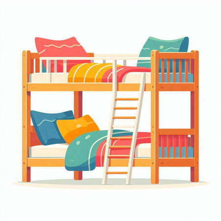 Bunk bed with colorful pillows. Vector illustration isolated on white background.のイラスト素材