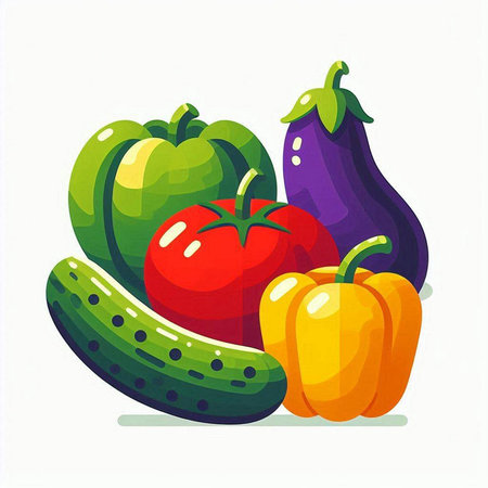 Vegetables set. Tomato, cucumber, pepper, eggplant. Vector illustration.のイラスト素材