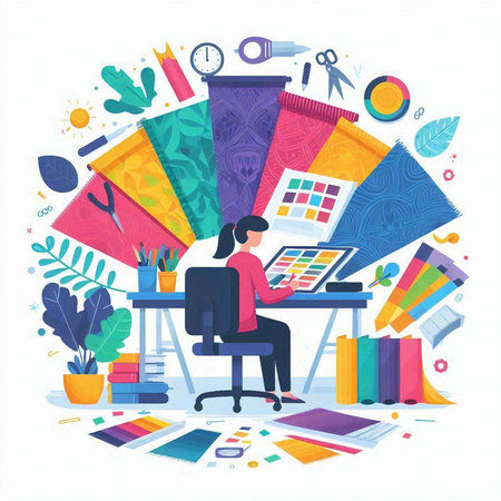 Creative designer working at her desk. Vector illustration in flat styleのイラスト素材