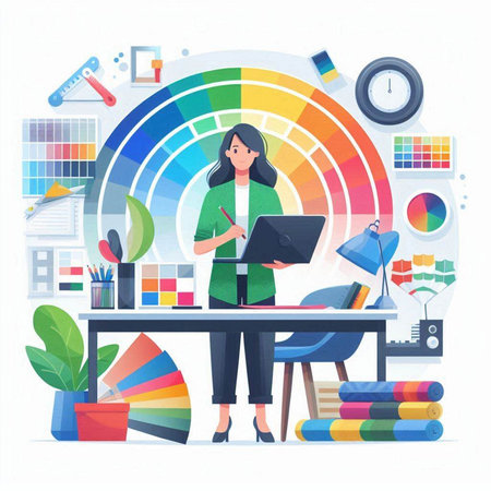Designer with laptop working in creative office. Colorful vector illustration.のイラスト素材