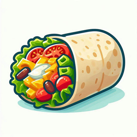 Vector illustration of a tortilla with salad, tomato, cheese and cucumberのイラスト素材