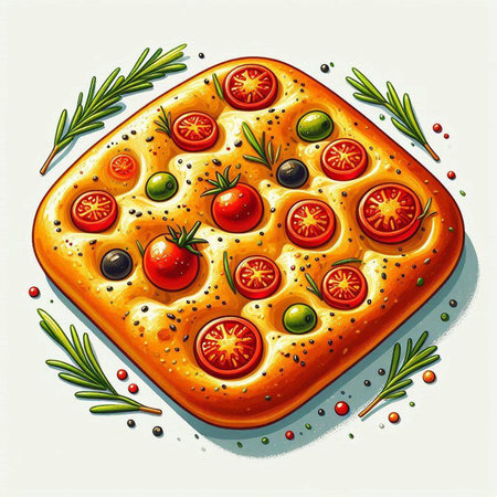 Illustration of a slice of pizza with olives, tomato and rosemaryのイラスト素材