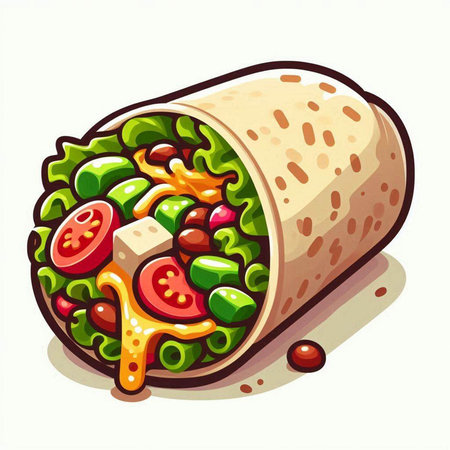 Illustration of a tortilla with lettuce, tomato and cheese.のイラスト素材