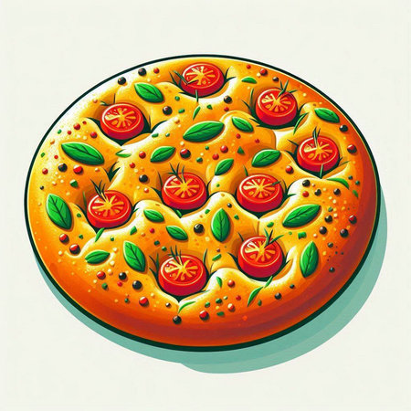 Illustration of pizza with tomatoes and basil on a white background.のイラスト素材
