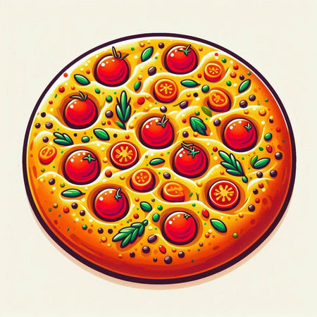 Illustration of a pizza with tomatoes and olives on a white backgroundのイラスト素材