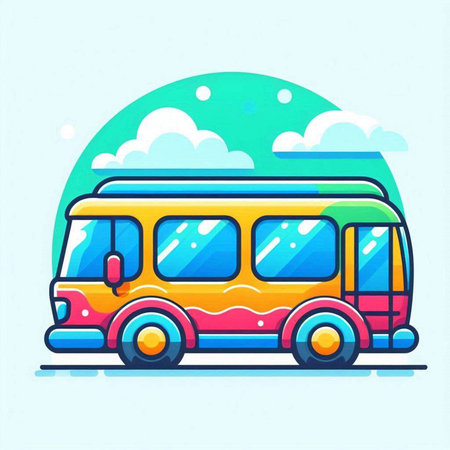 Vector illustration of school bus in flat style on blue background with clouds.のイラスト素材