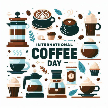International Coffee Day. Cappuccino, latte, mocha, cappuccino, latte, cappuccino, americano, latte, cappuccino, latte, espresso, cappuccino, latte, americano, coffee, latte, americano, americano, latte, cappuccino, latte, latte, cappuccinoのイラスト素材