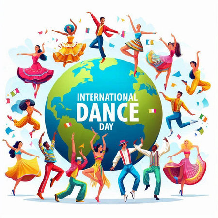 International Dance Day poster with dancing people and planet earth isolated vector illustrationのイラスト素材