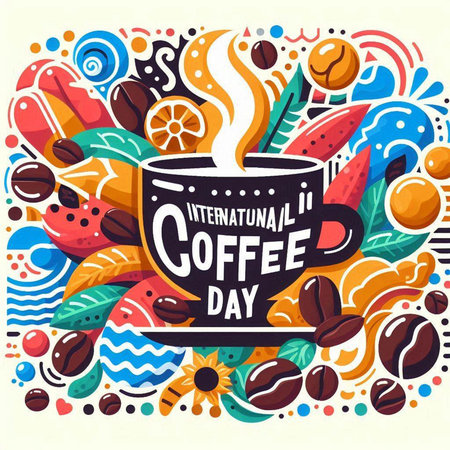 International Coffee Day hand lettering and doodle elements background. Vector illustrationのイラスト素材