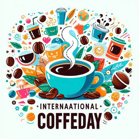 International Coffee Day poster with hand drawn doodle elements. Vector illustration.のイラスト素材