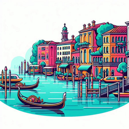 Venice cityscape with gondolas and old buildings, vector illustrationのイラスト素材