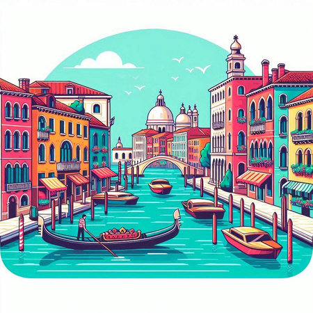 Venice canal with gondolas, Italy. Vector illustration.のイラスト素材