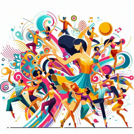 Dancing people. Colorful vector illustration of young people dancing.のイラスト素材