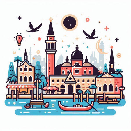 Venice, Italy, vector illustration in flat style. Travel and adventure concept.のイラスト素材