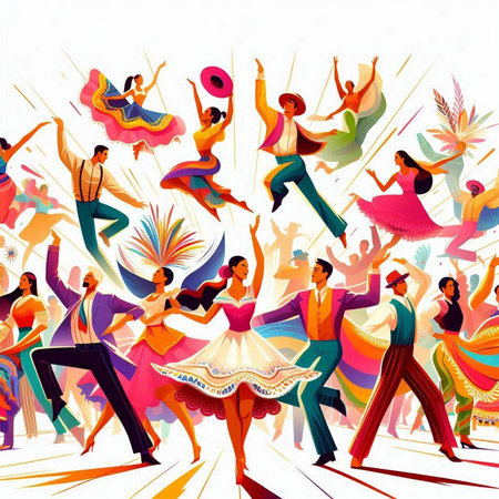 Dancing people background. Colorful vector illustration. Ideal for printing onto fabric and paper or decoration.のイラスト素材
