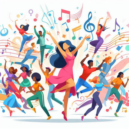 Happy dancing people. Cheerful young people jumping and dancing. Vector illustrationのイラスト素材