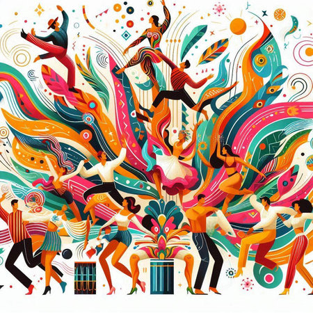 Vector illustration of dancing people. Colorful abstract background with dancing people.のイラスト素材