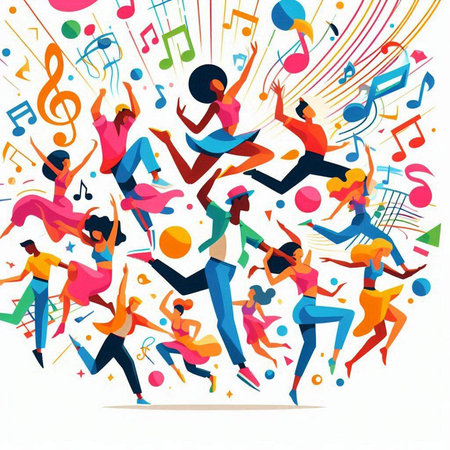 Vector illustration of group of dancing people with musical notes on white backgroundのイラスト素材