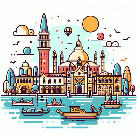 Venice cityscape, Italy. Vector illustration in line art styleのイラスト素材